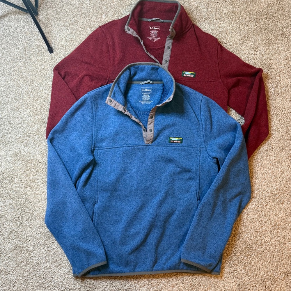 LL Bean Sweater Fleece Pullover Men M Blue Red Snap Neck Bundle